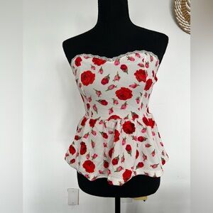 Strapless Peplum Floral Top in White and Red